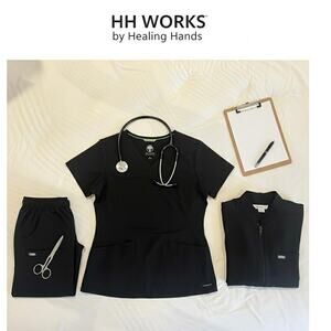 HHWorks by Helping Hands Solid Black Monica Scrub Top Sz. L